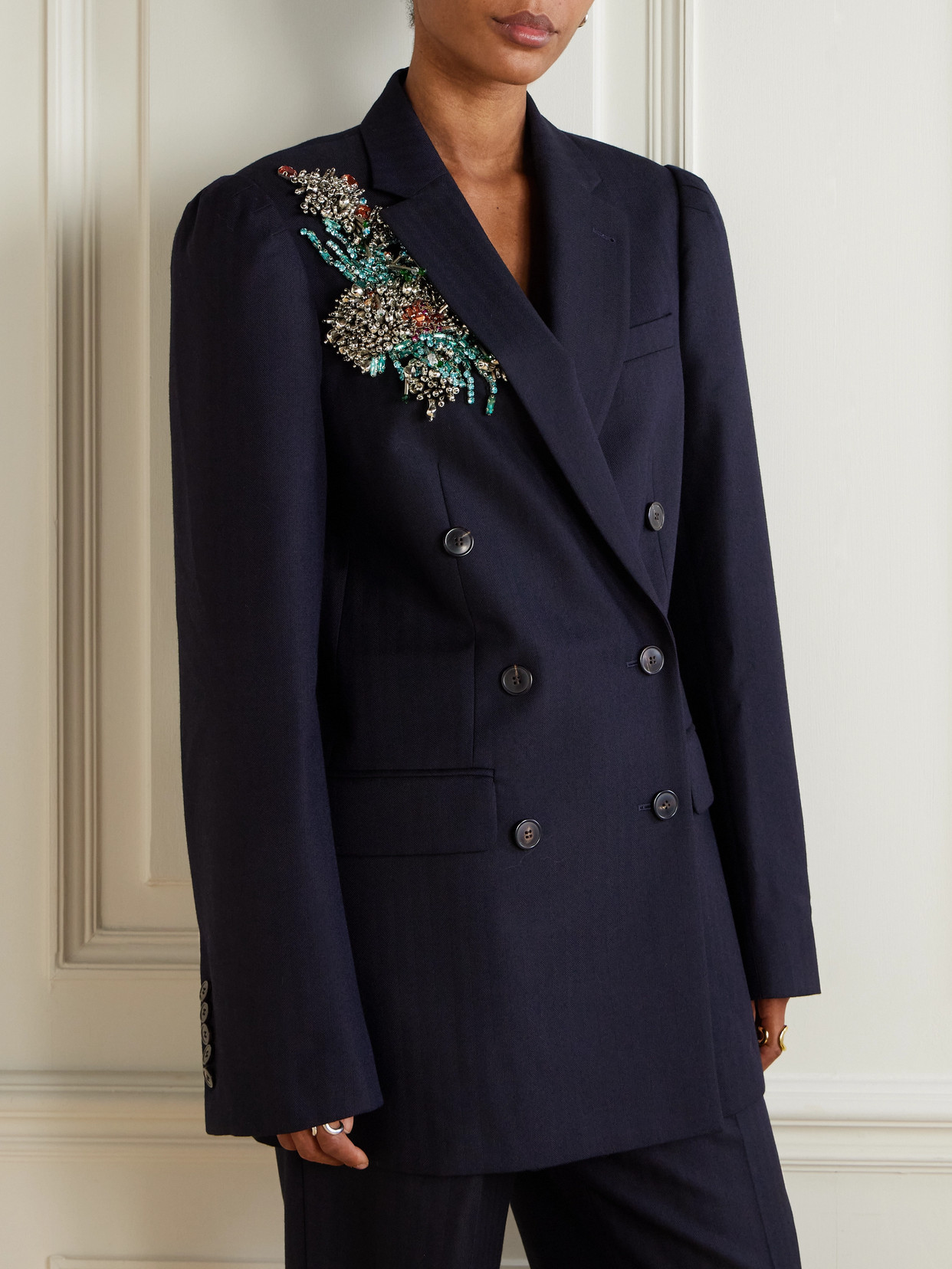 Dries Van Noten Womens Navy Bafy Crystal-embellished Double-breasted Wool Jacket In Blue