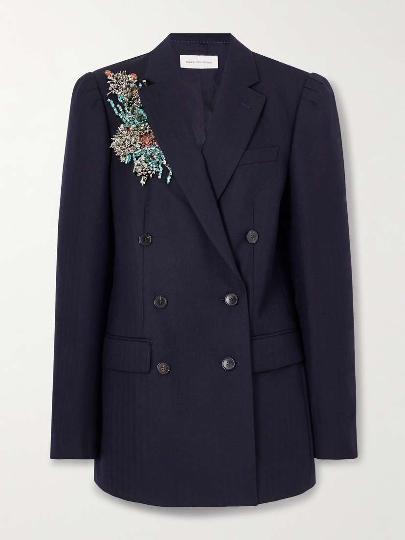 Dries Van Noten Oversized Double-breasted Embellished Wool Herringbone Blazer