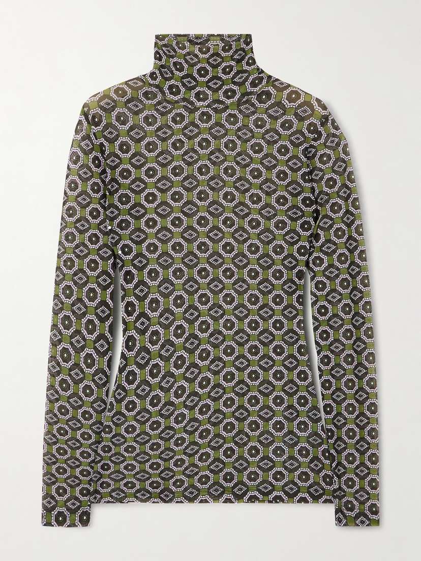 Dries Van Noten Printed Stretch-mesh Turtleneck Top