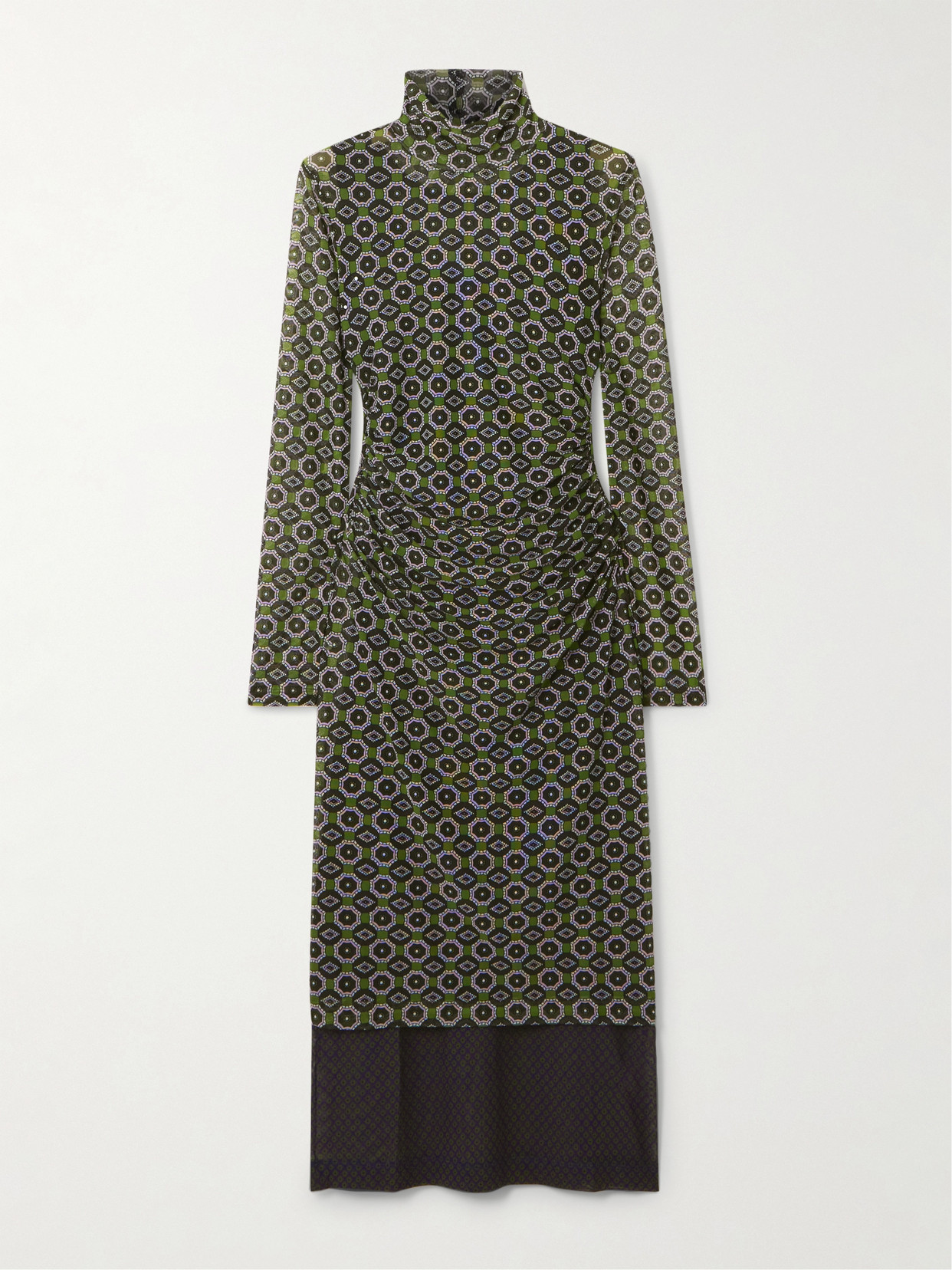 Dries Van Noten Layered Printed Mesh Turtleneck Midi Dress In Multi