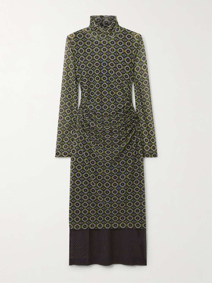 Dries Van Noten Layered Printed Mesh Turtleneck Midi Dress