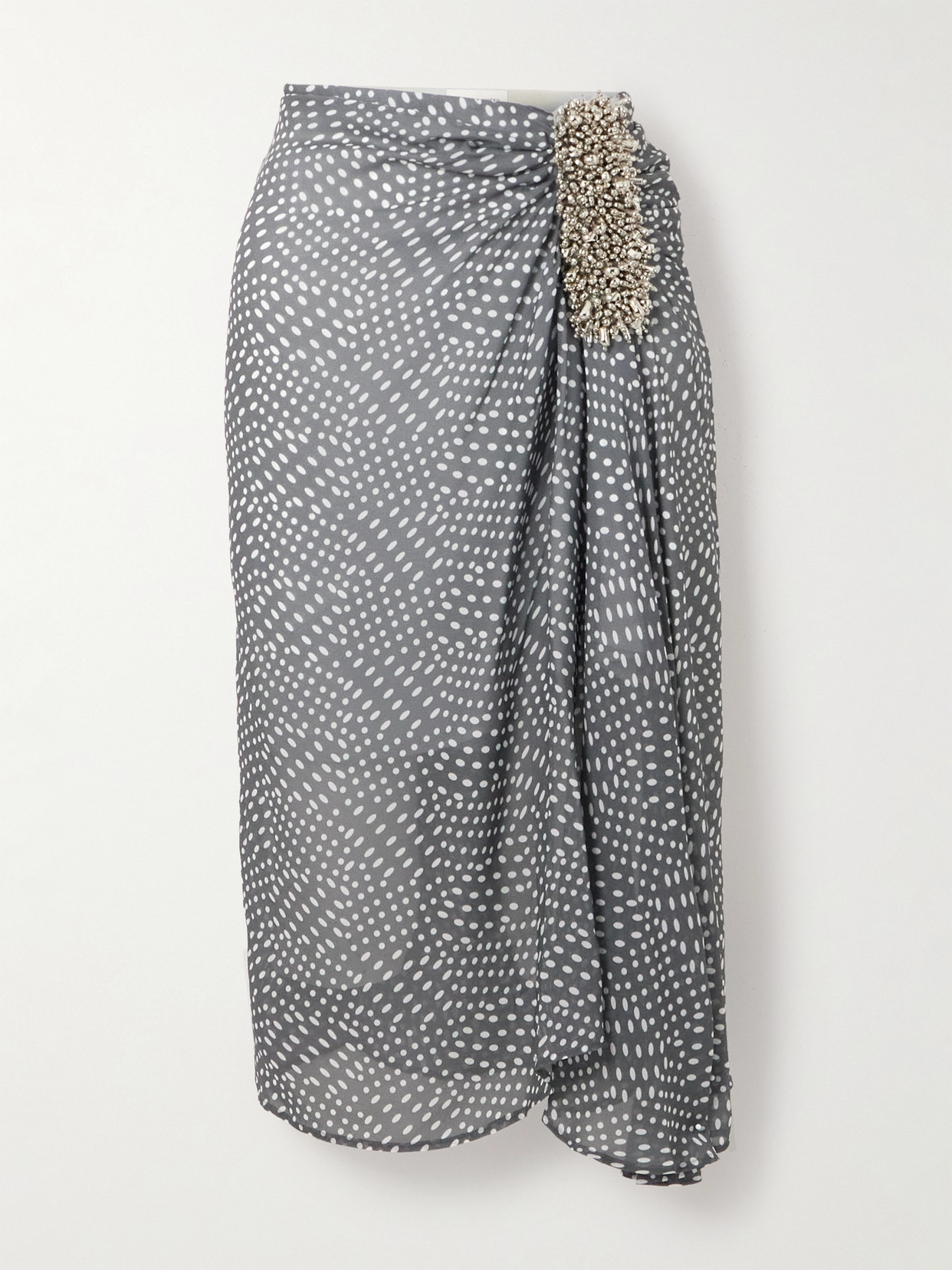 Dries Van Noten Embellished Draped Gathered Polka-dot Georgette Skirt In Gray