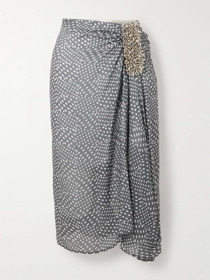 Dries Van Noten Embellished Draped Gathered Polka-dot Georgette Skirt