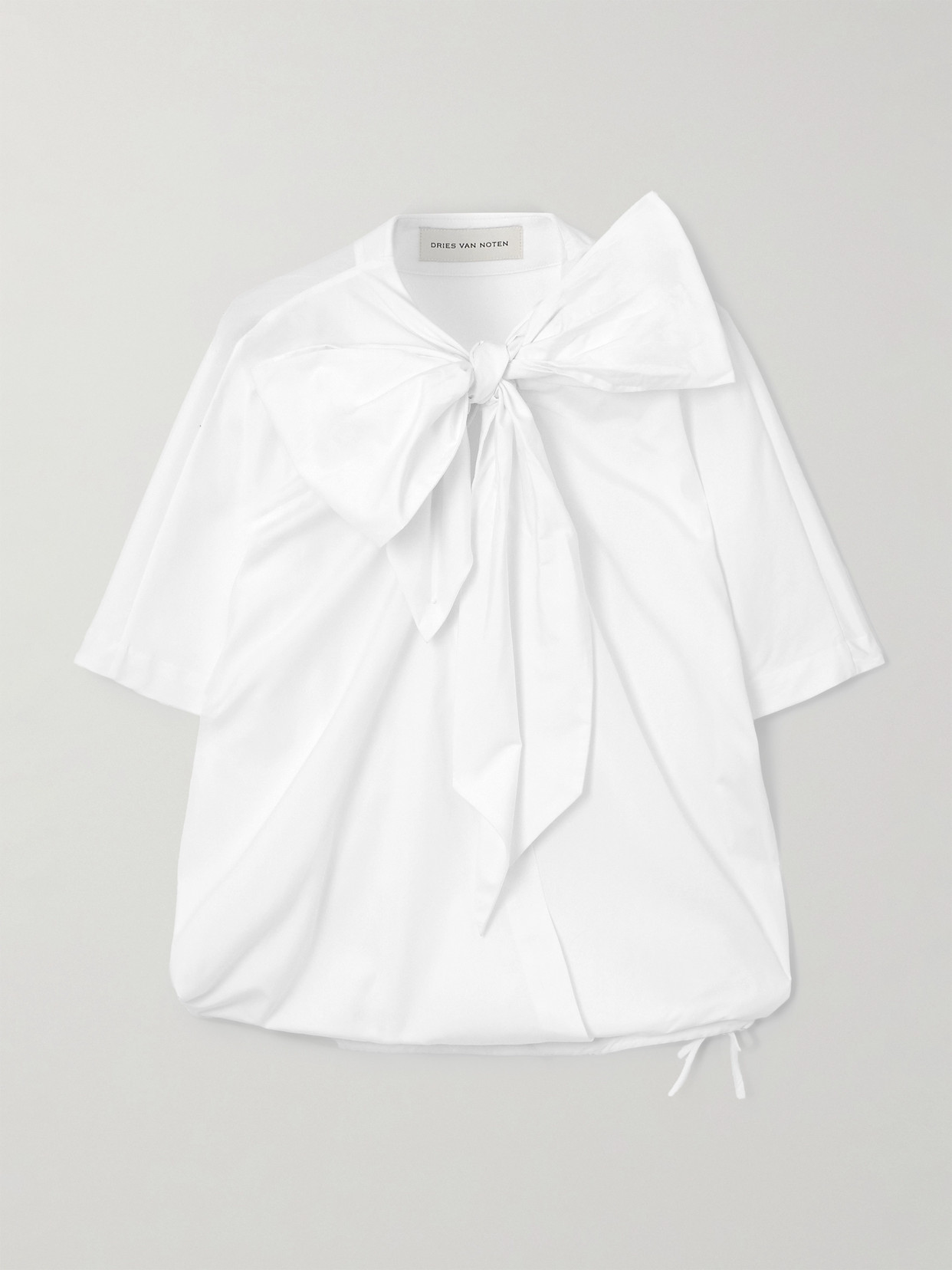 Dries Van Noten Tie-neck Gathered Cotton-poplin Blouse In White