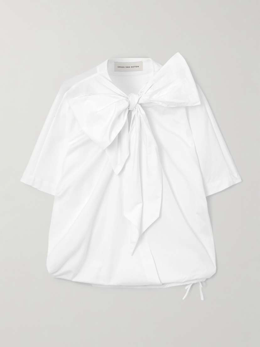 Dries Van Noten Tie-neck Gathered Cotton-poplin Blouse