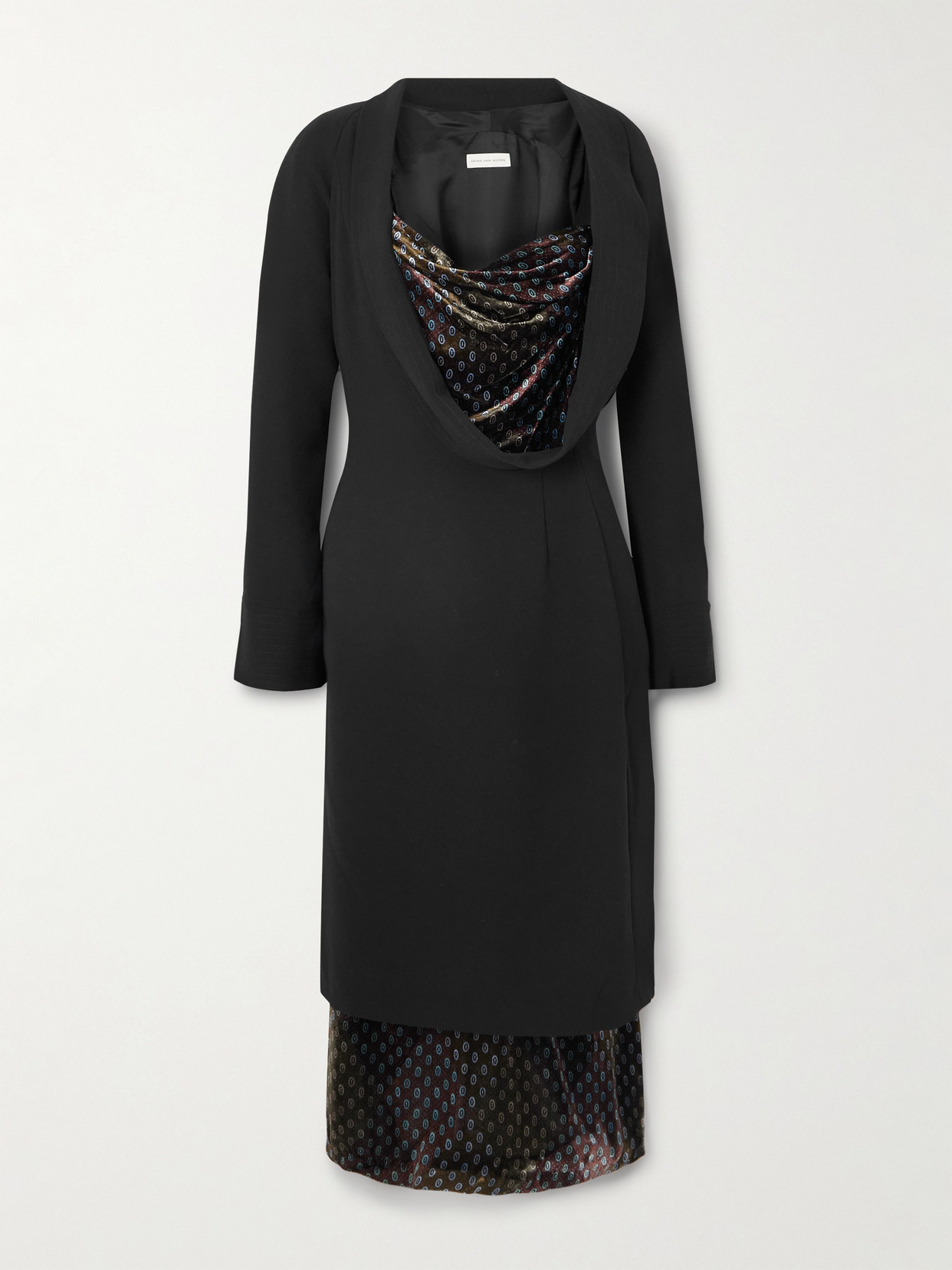 Dries Van Noten Layered Draped Crepe And Printed Satin Midi Dress In Black