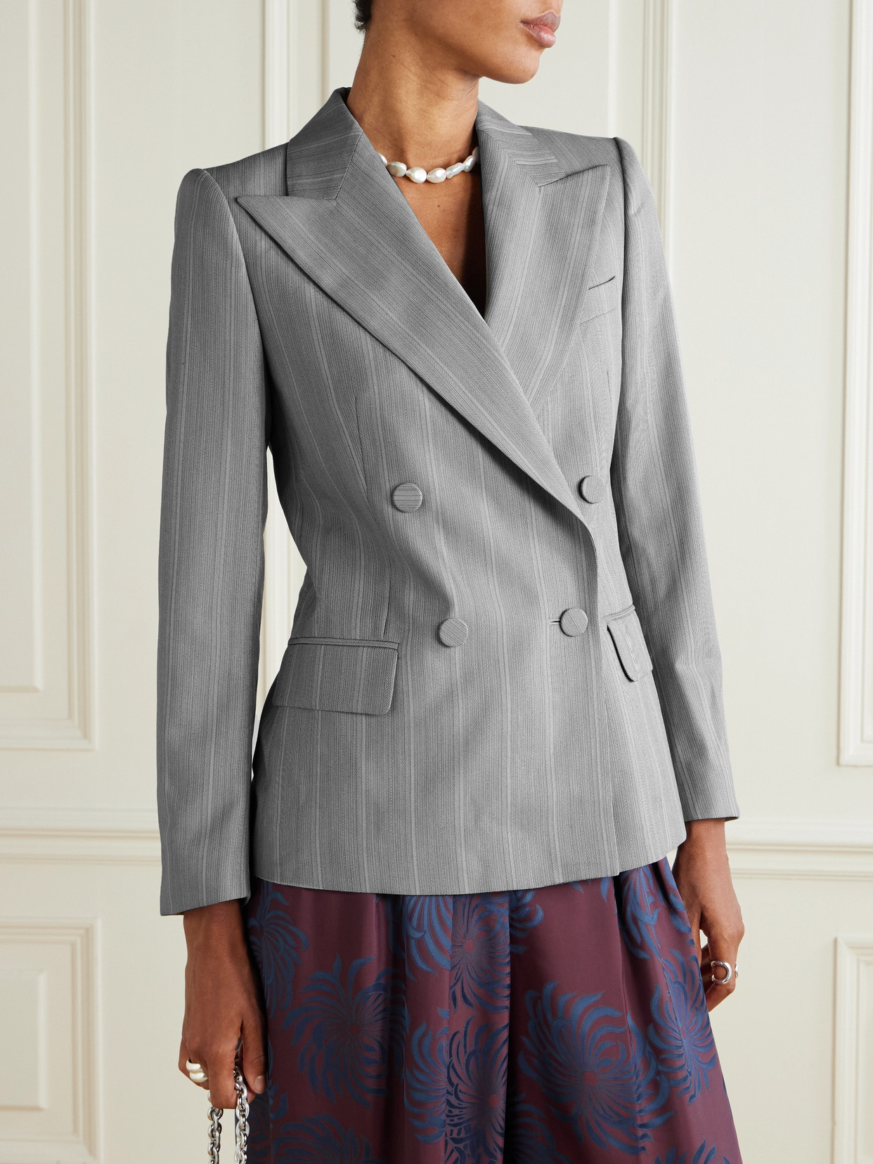 Dries Van Noten Double-breasted Herringbone Wool-blend Blazer In Gray