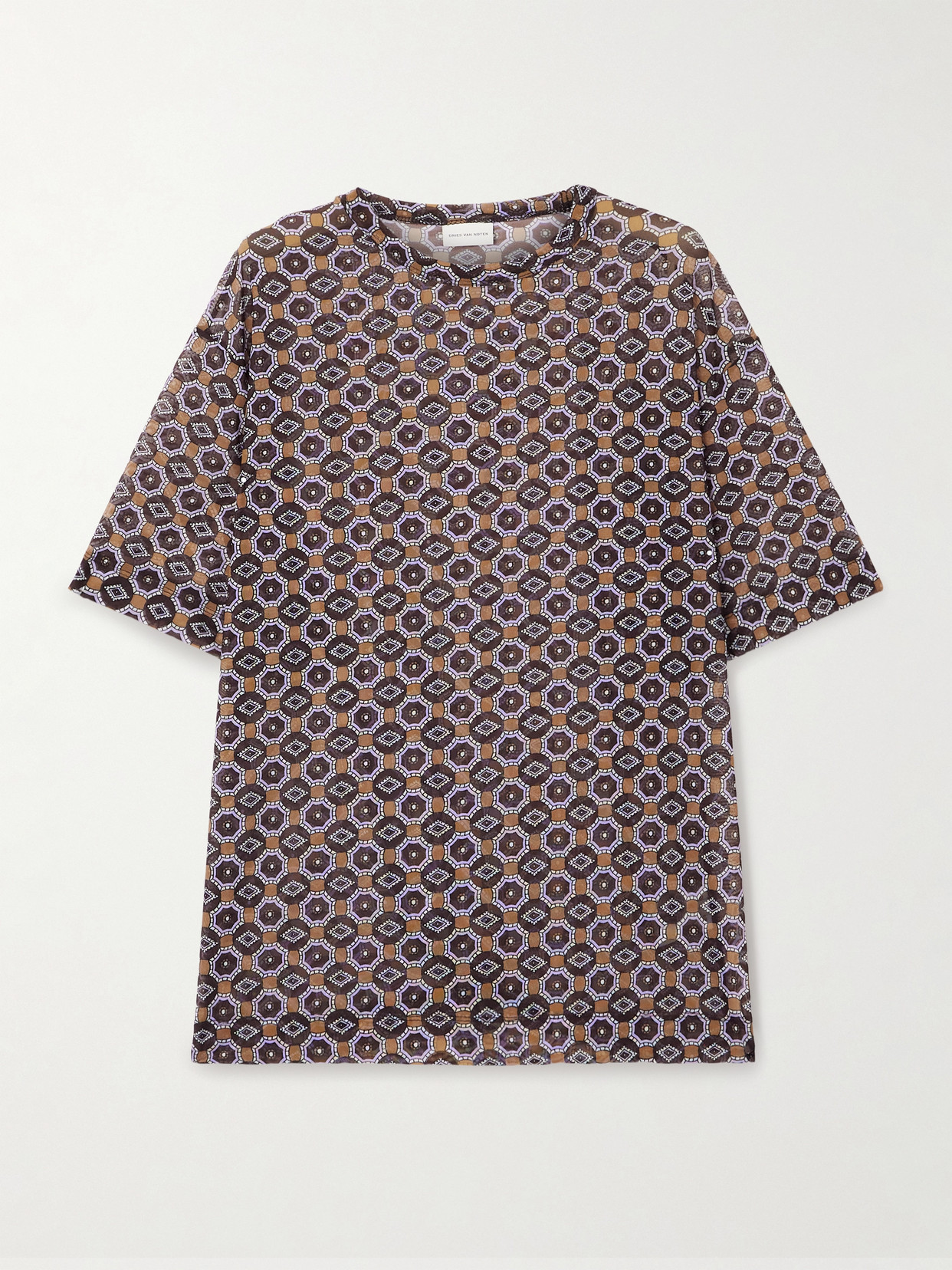 Dries Van Noten Printed Stretch-mesh T-shirt In Brown