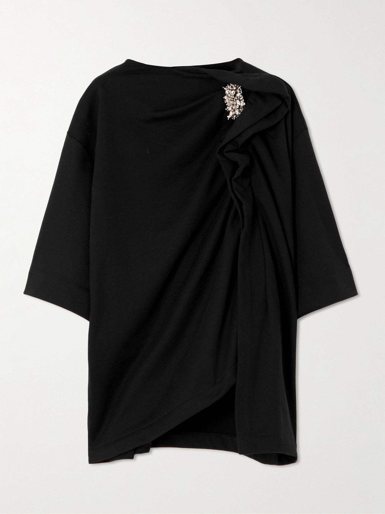 Dries Van Noten Embellished Gathered Cotton-fleece T-shirt In Black