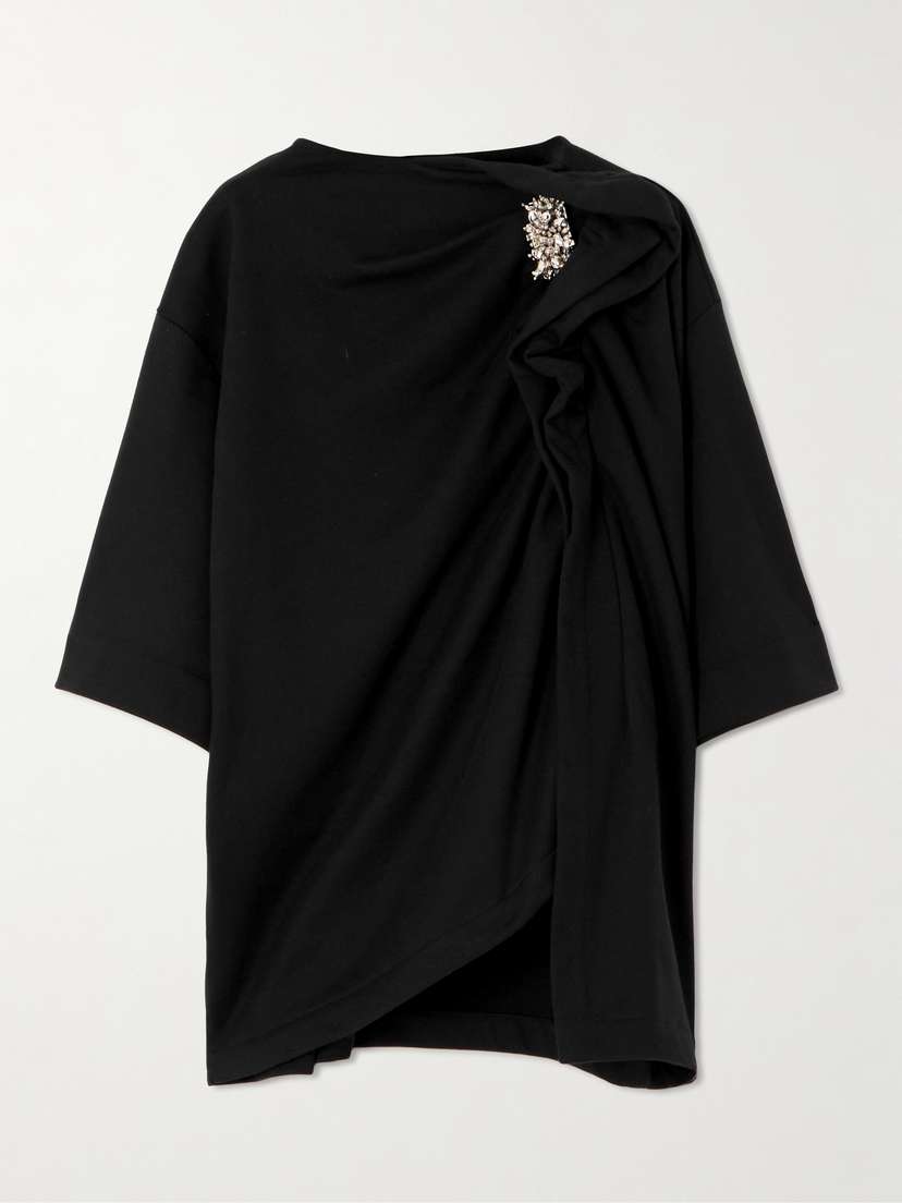 Dries Van Noten Embellished Gathered Cotton-fleece T-shirt