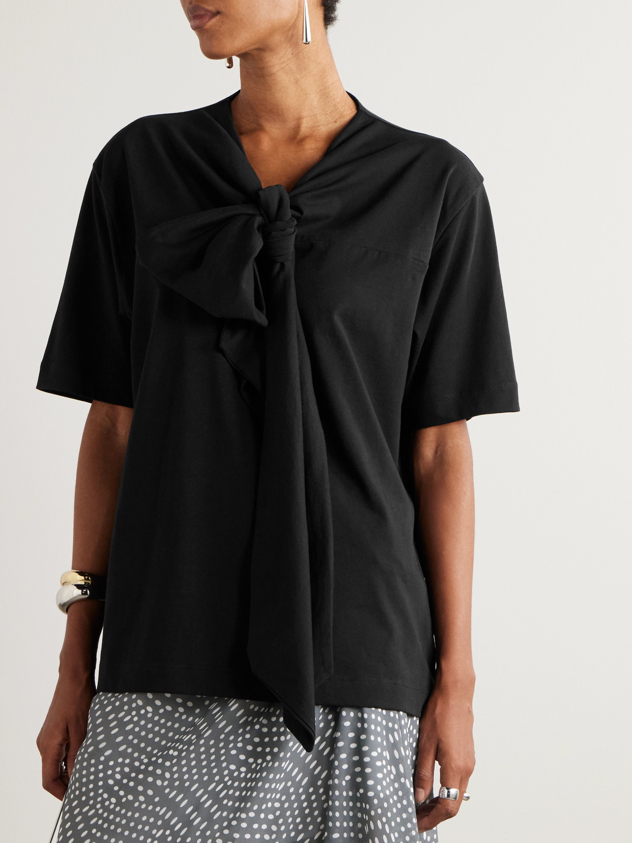 Dries Van Noten Bow-detailed Organic Cotton-jersey Blouse In Black