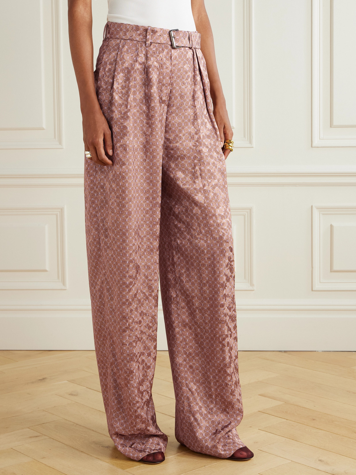 Dries Van Noten Belted Pleated Printed Satin-jacquard Wide-leg Pants In Pink