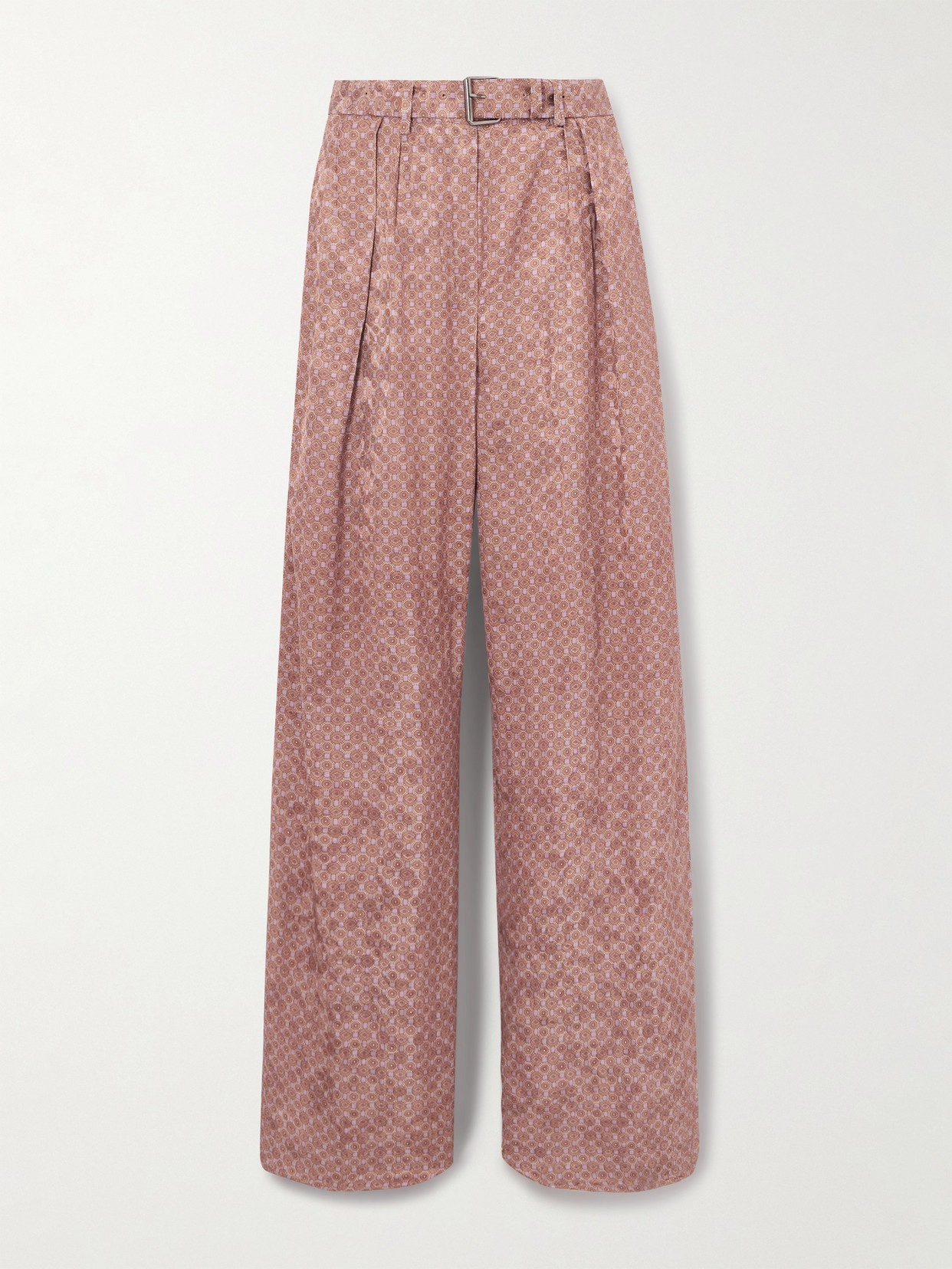Dries Van Noten Belted Pleated Printed Satin-jacquard Wide-leg Pants In Pink