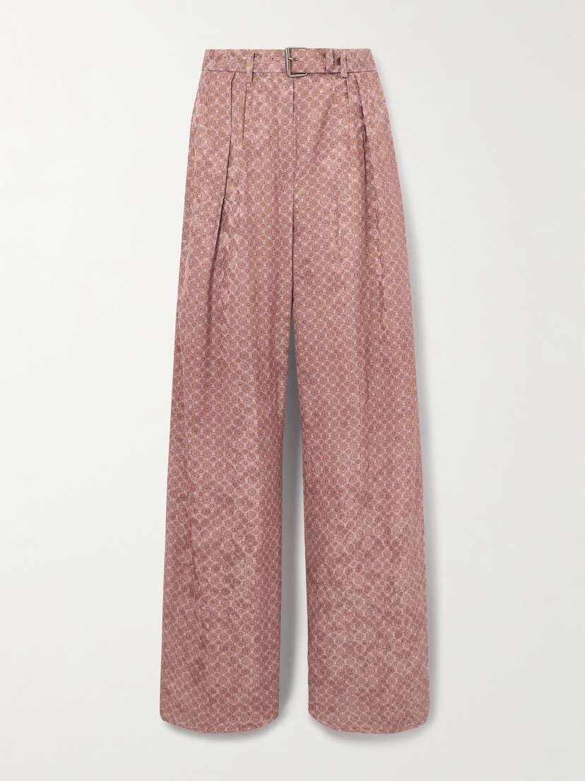 Dries Van Noten Belted Pleated Printed Satin-jacquard Wide-leg Pants