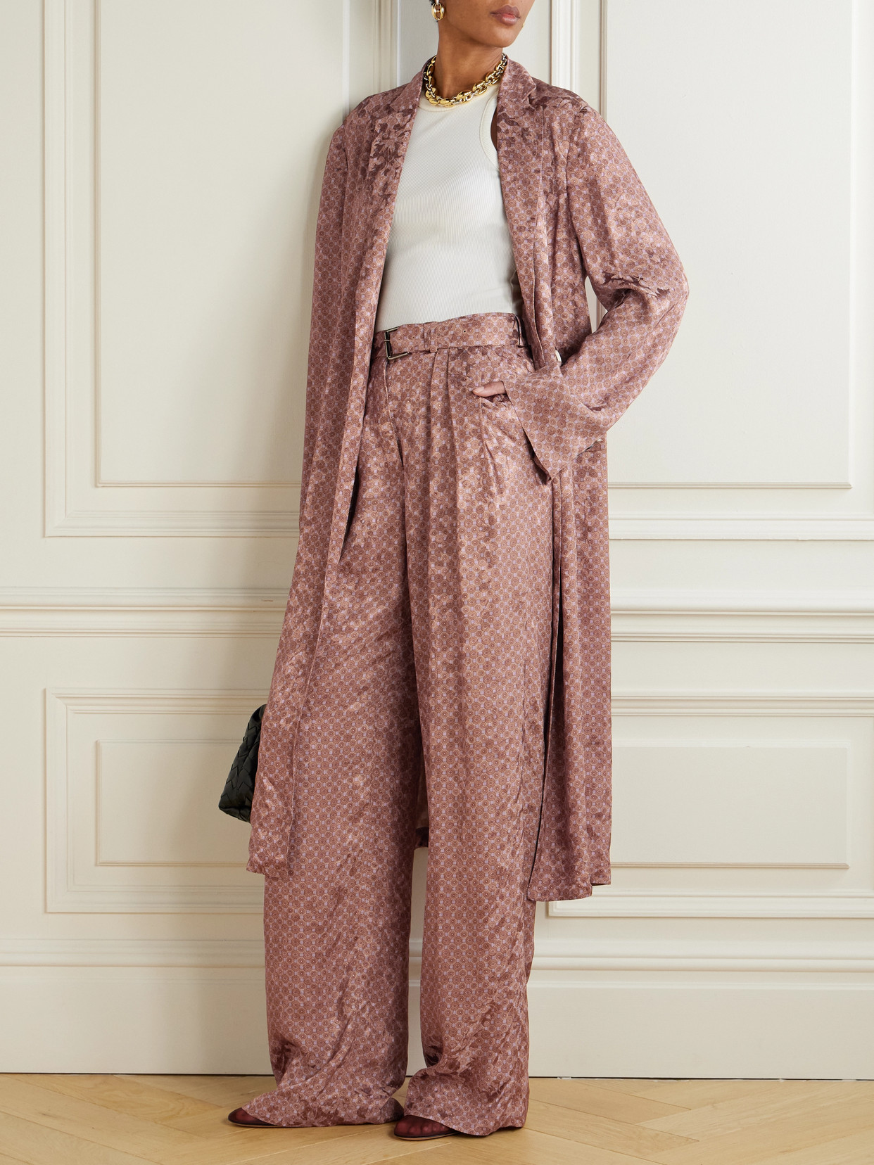 Dries Van Noten Belted Pleated Printed Satin-jacquard Wide-leg Pants In Pink