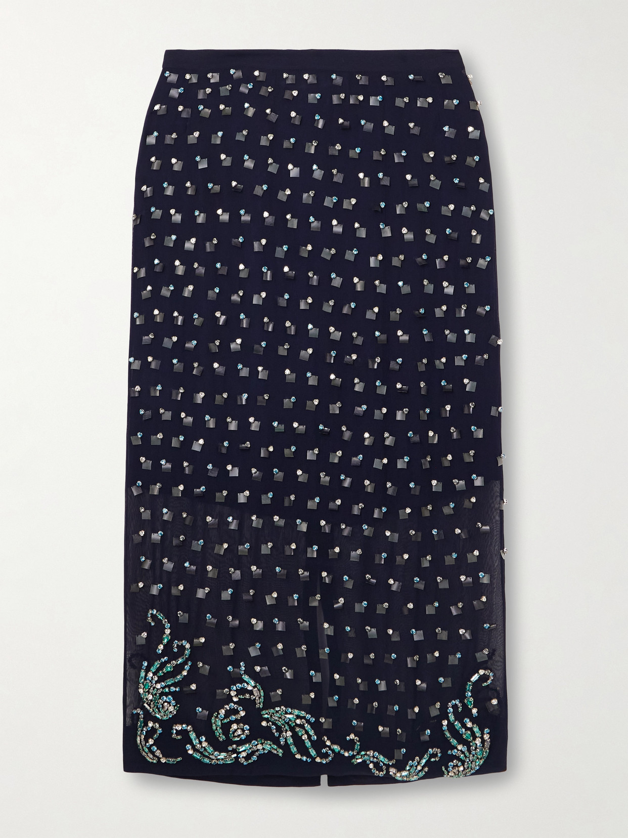 Dries Van Noten Rhinestone-embellished Sheer-panel Skirt In Blue