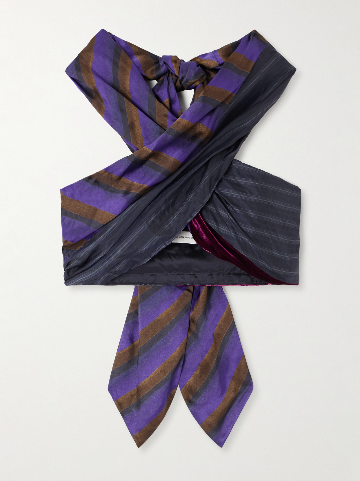 Dries Van Noten Twisted Patchwork Voile And Velvet Halterneck Top In Blue