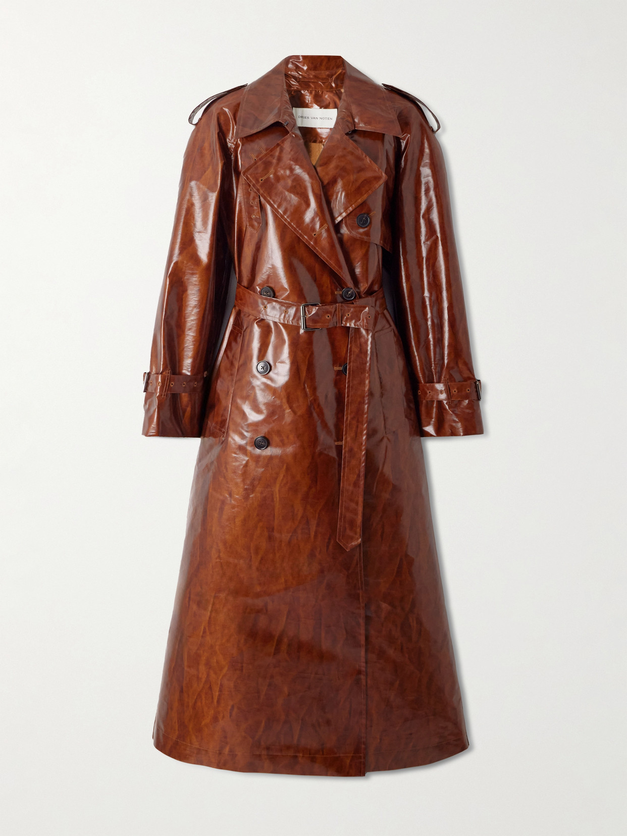 Dries Van Noten Double-breasted Printed Coated-canvas Trench Coat In Brown