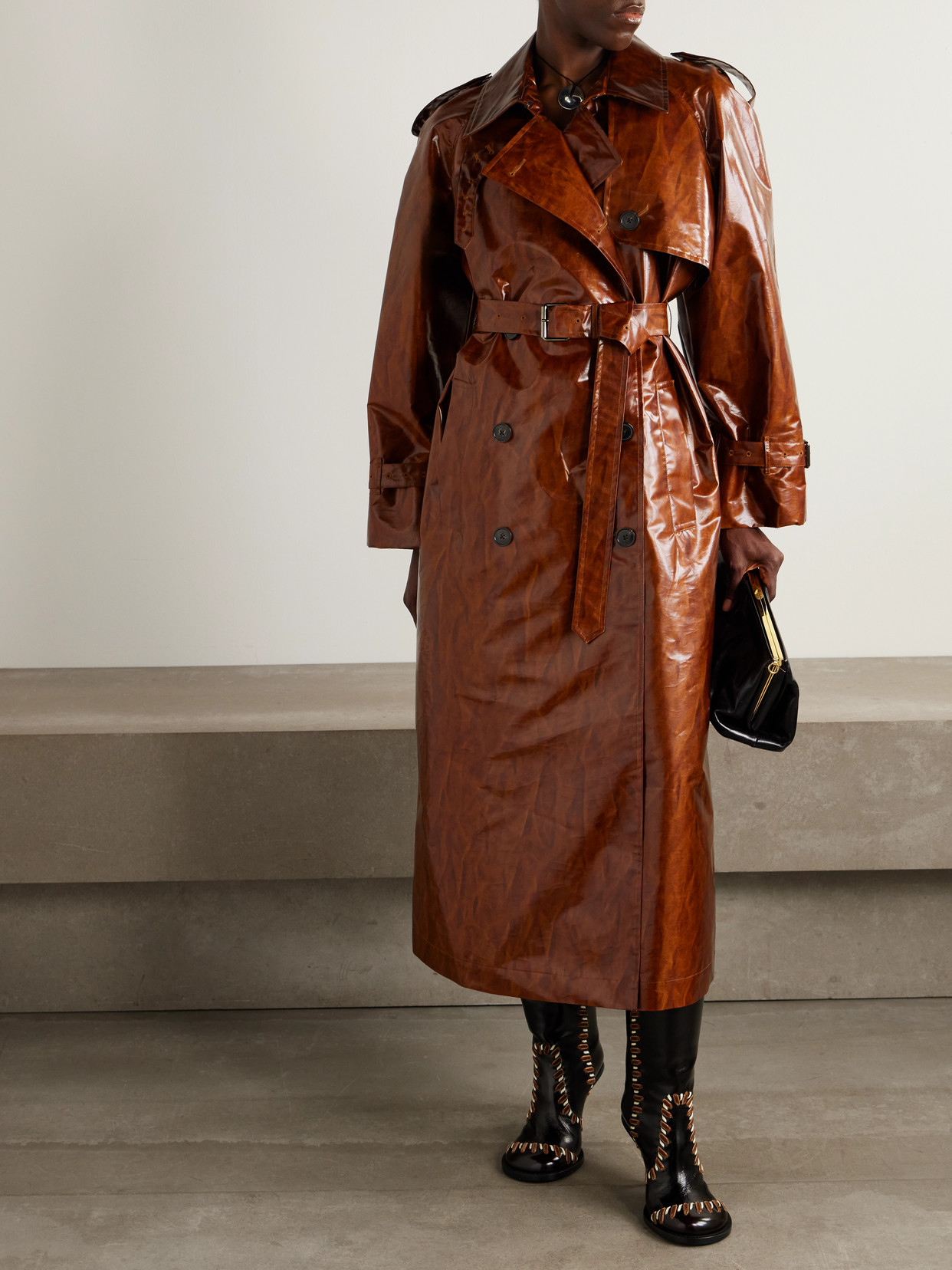 Double-Breasted Printed Coated-Canvas Trench Coat