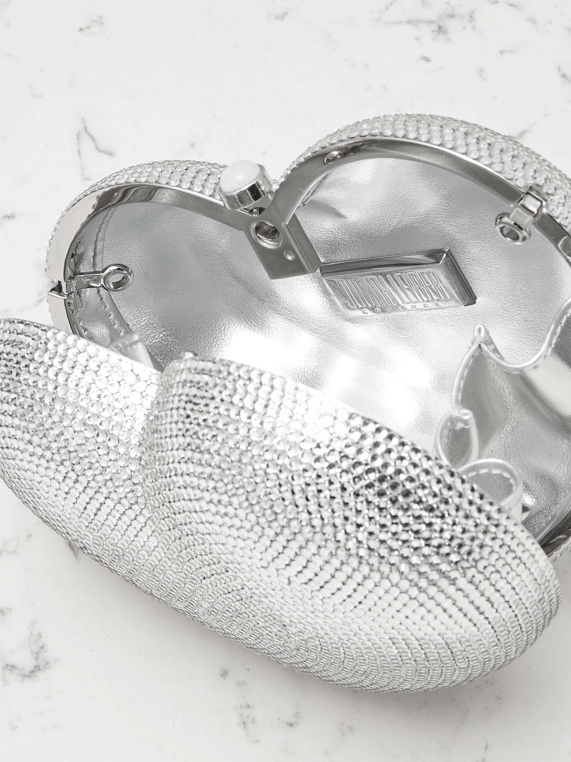 JUDITH LEIBER COUTURE Petit Coeur crystal-embellished silver-tone clutch