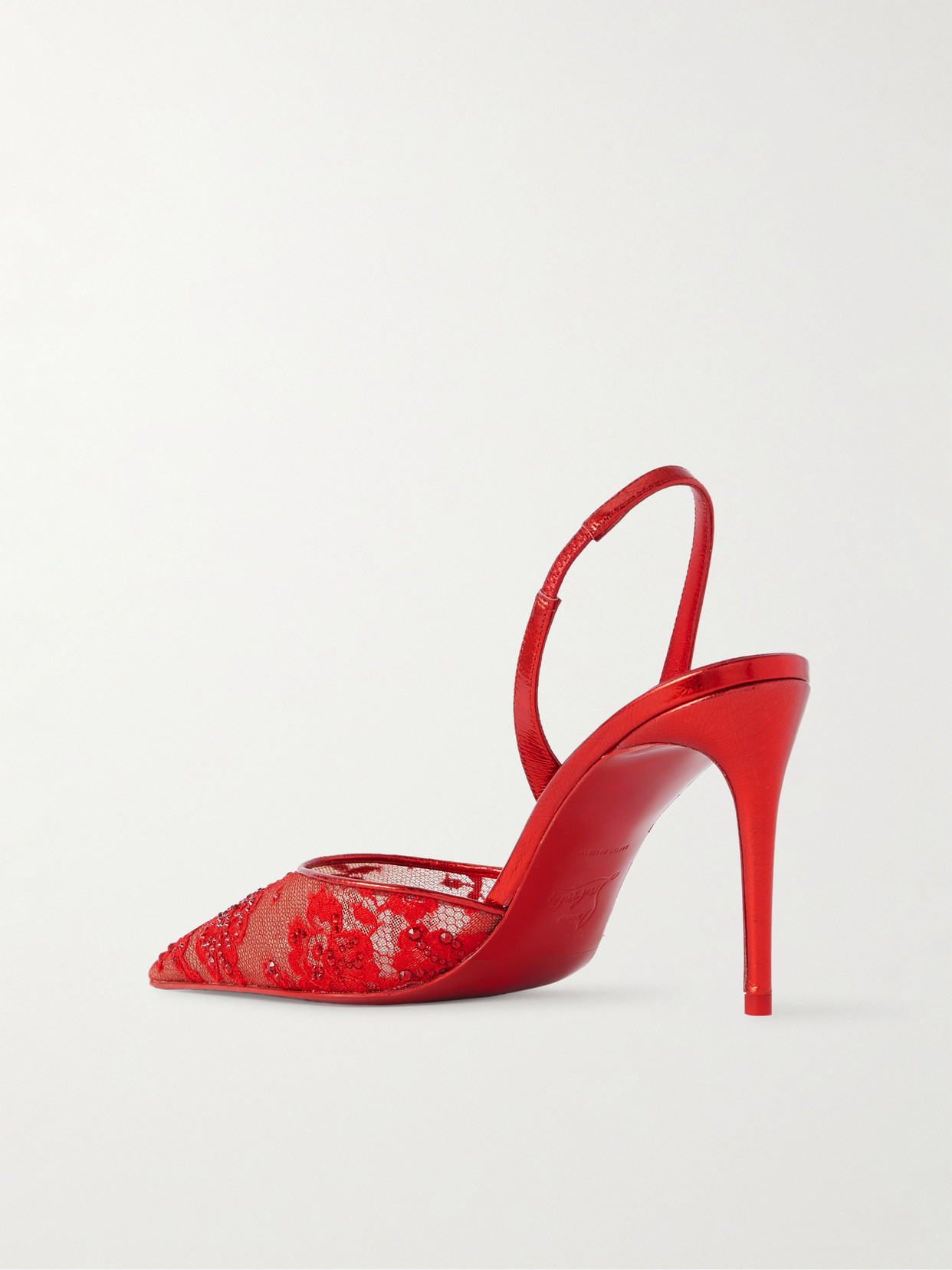 Christian Louboutin Kate Max Metallic Leather-trimmed Crystal-embellished Lace Slingback Sandals In Red