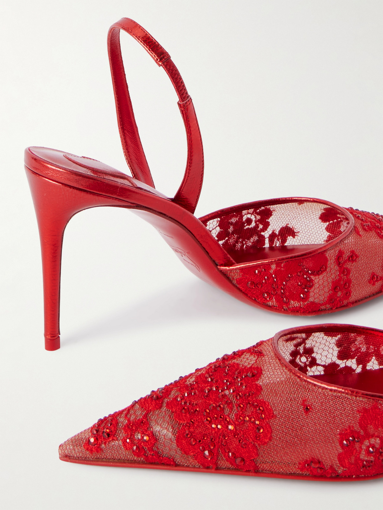 Christian Louboutin Kate Max Metallic Leather-trimmed Crystal-embellished Lace Slingback Sandals In Red