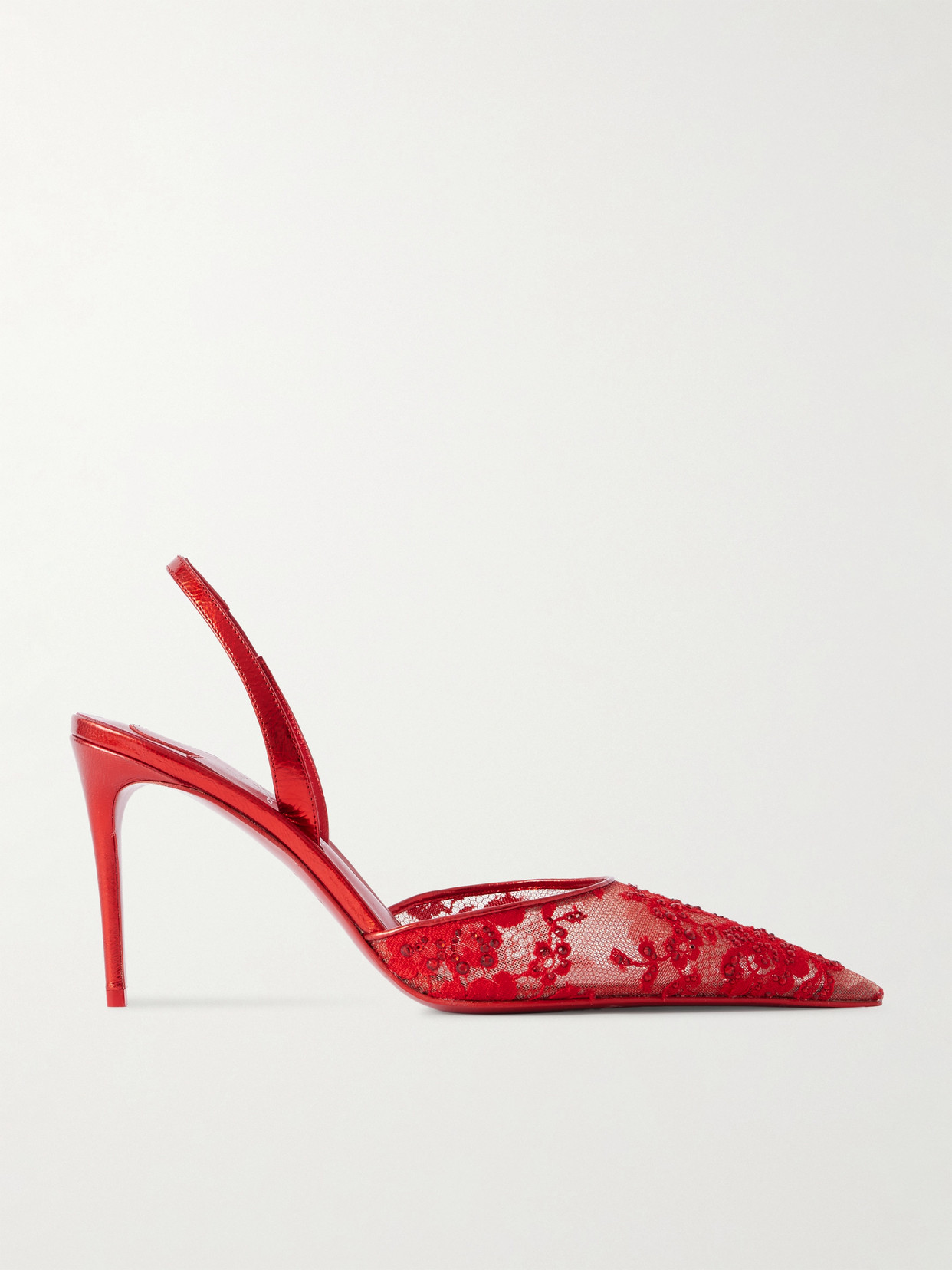 Christian Louboutin Kate Max Metallic Leather-trimmed Crystal-embellished Lace Slingback Sandals In Red