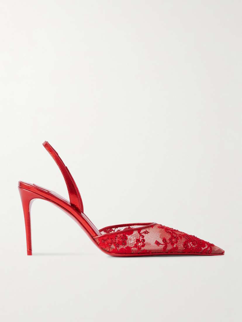 Christian Louboutin Kate Max Metallic Leather-trimmed Crystal-embellished Lace Slingback Sandals