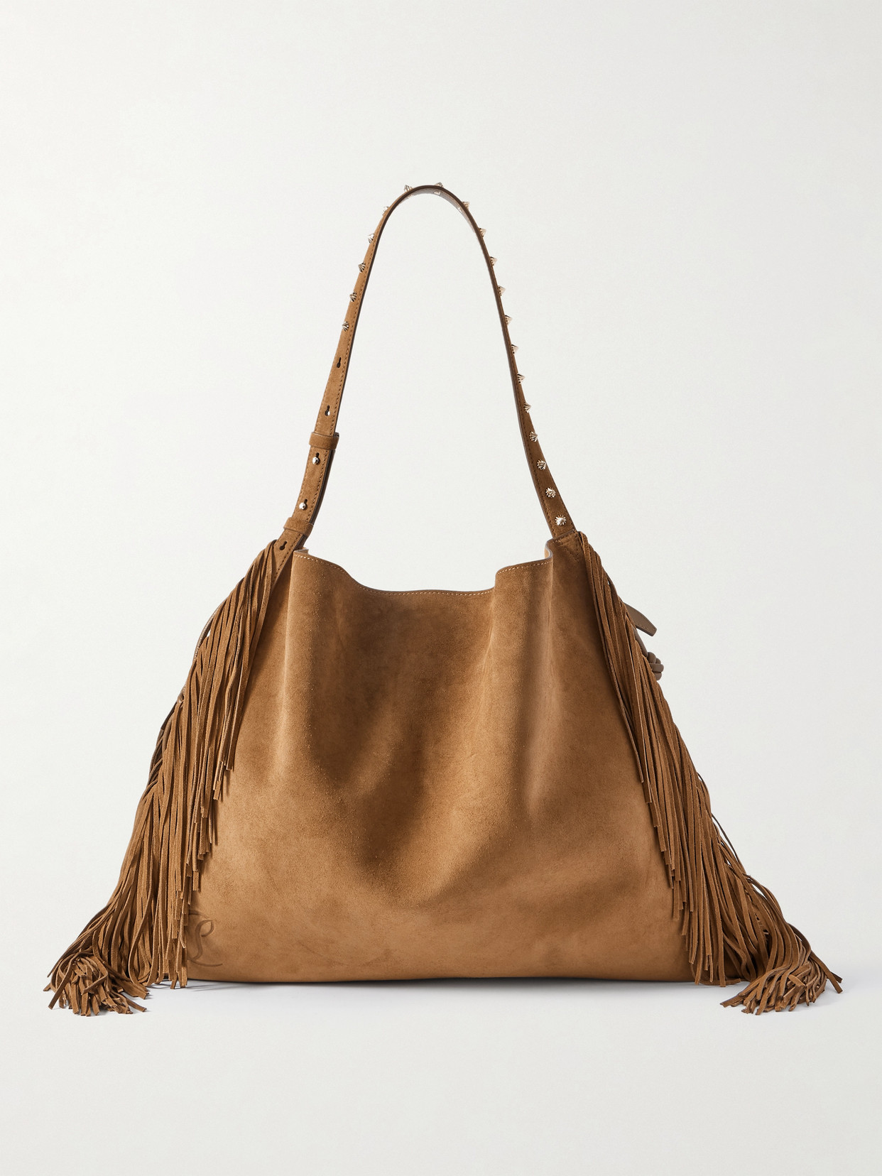 Christian Louboutin Baggy Fringed Studded Suede Shoulder Bag In Brown