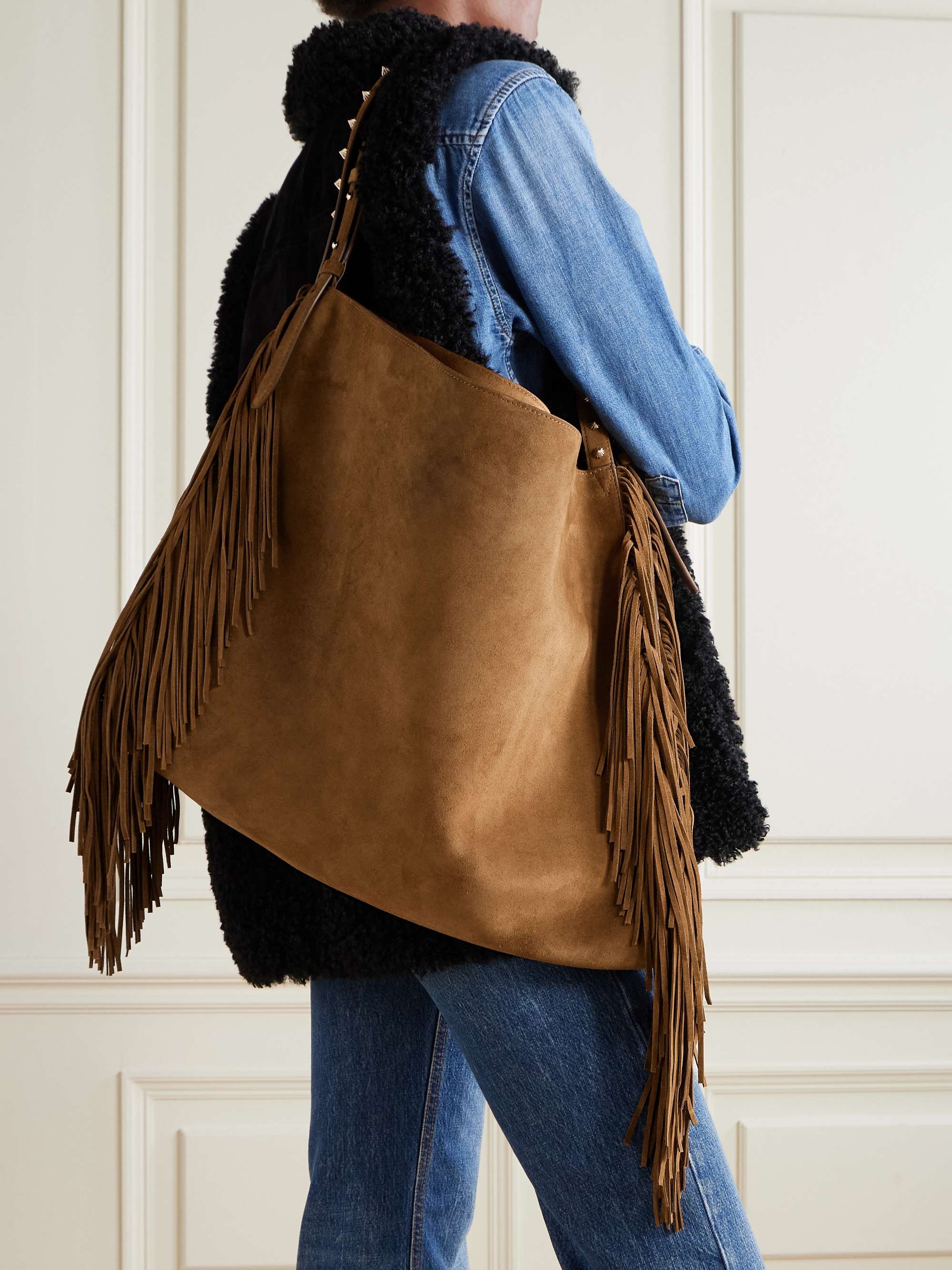 Baggy fringed studded suede shoulder bag - chocolate - One Size