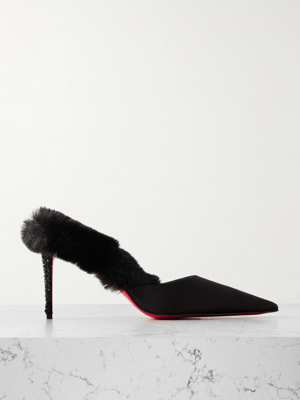 Christian Louboutin Plush-trimmed Satin Mules In Black