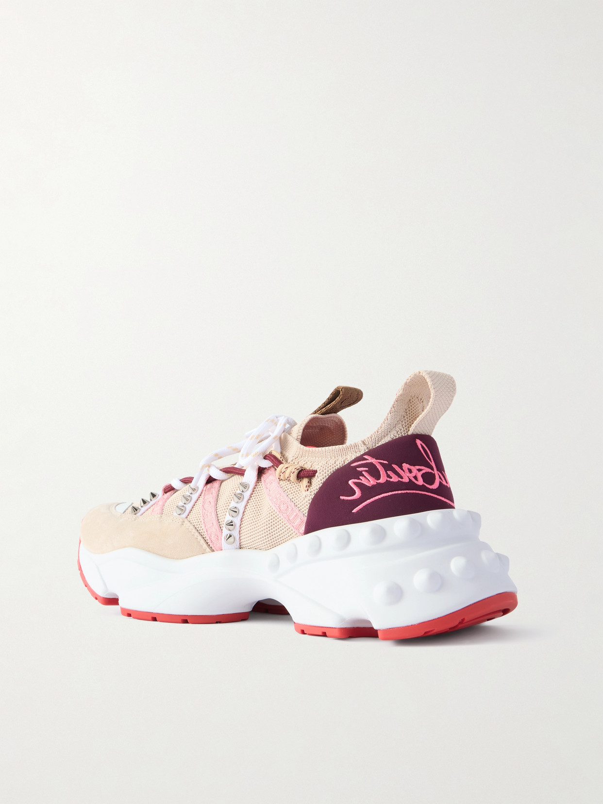 Christian Louboutin Trailnrun Studded Embroidered Velour And Suede-trimmed Stretch-knit Sneakers In Neutral