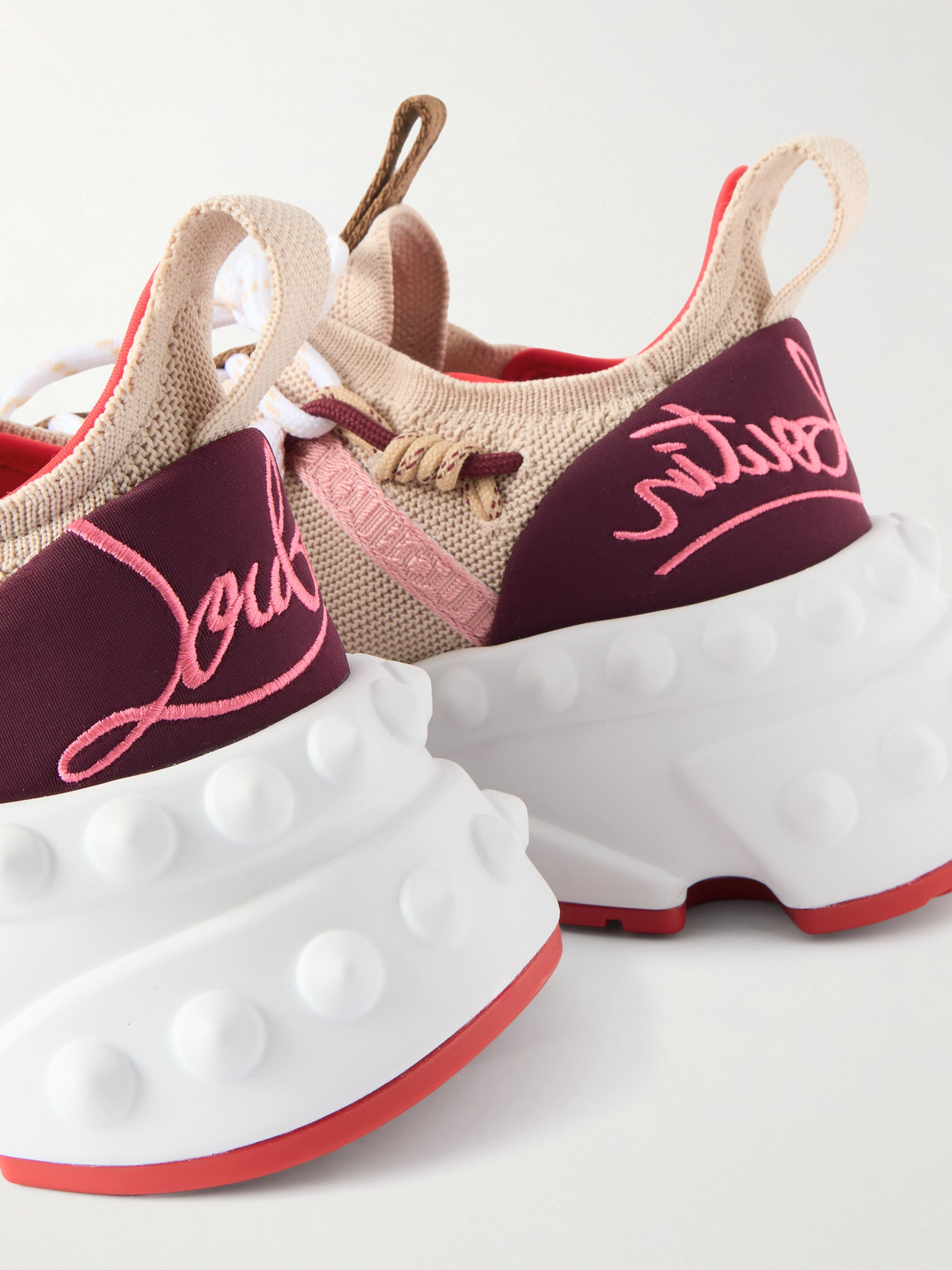 Christian Louboutin Trailnrun Studded Embroidered Velour And Suede-trimmed Stretch-knit Sneakers In Neutral