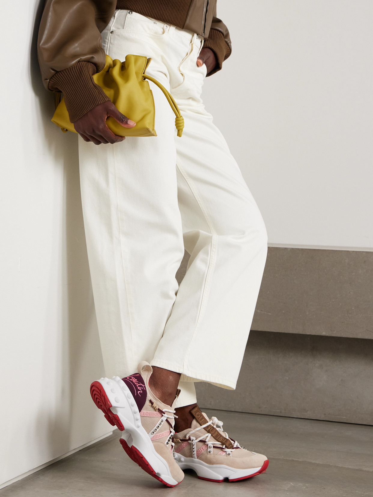 Christian Louboutin Trailnrun Studded Embroidered Velour And Suede-trimmed Stretch-knit Sneakers In Neutral