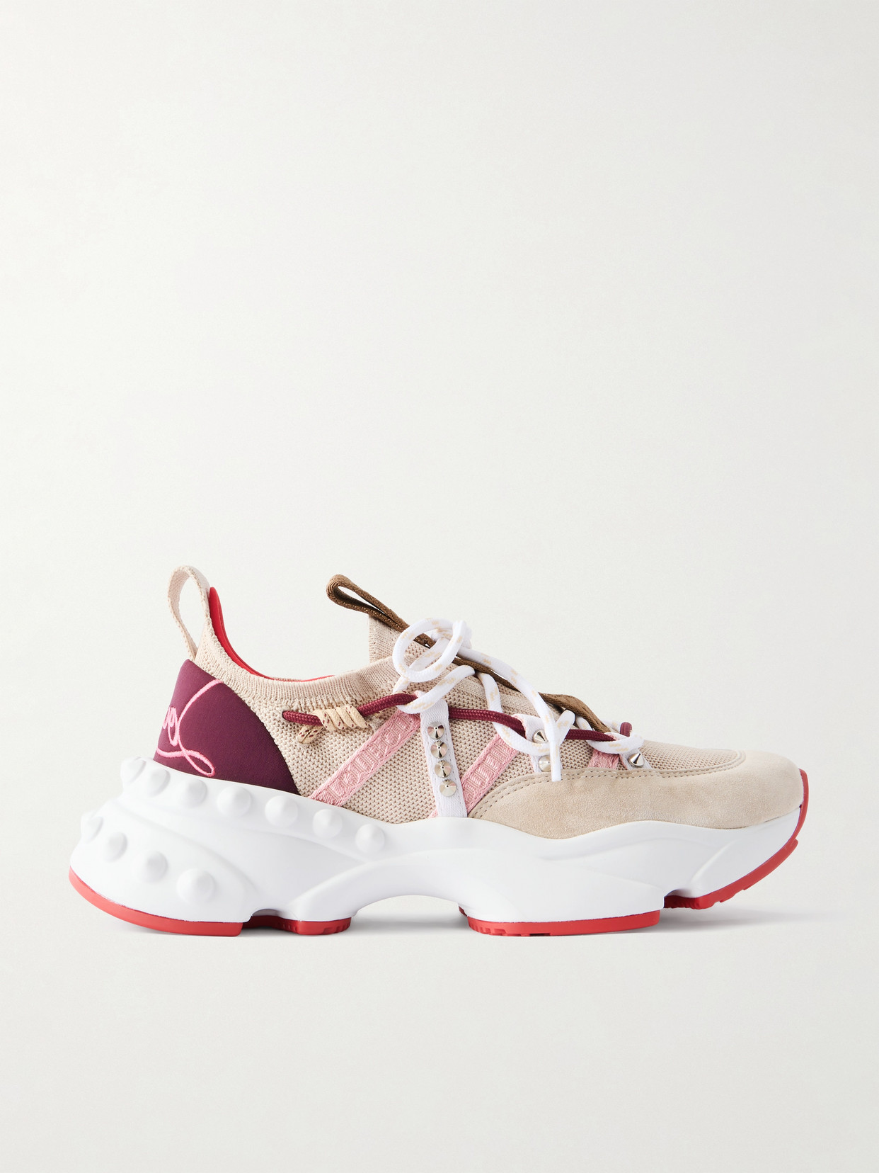Christian Louboutin Trailnrun Studded Embroidered Velour And Suede-trimmed Stretch-knit Sneakers In Neutral