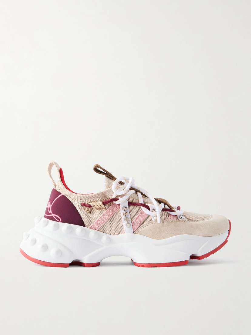 Christian Louboutin Trailnrun Studded Embroidered Velour And Suede-trimmed Stretch-knit Sneakers