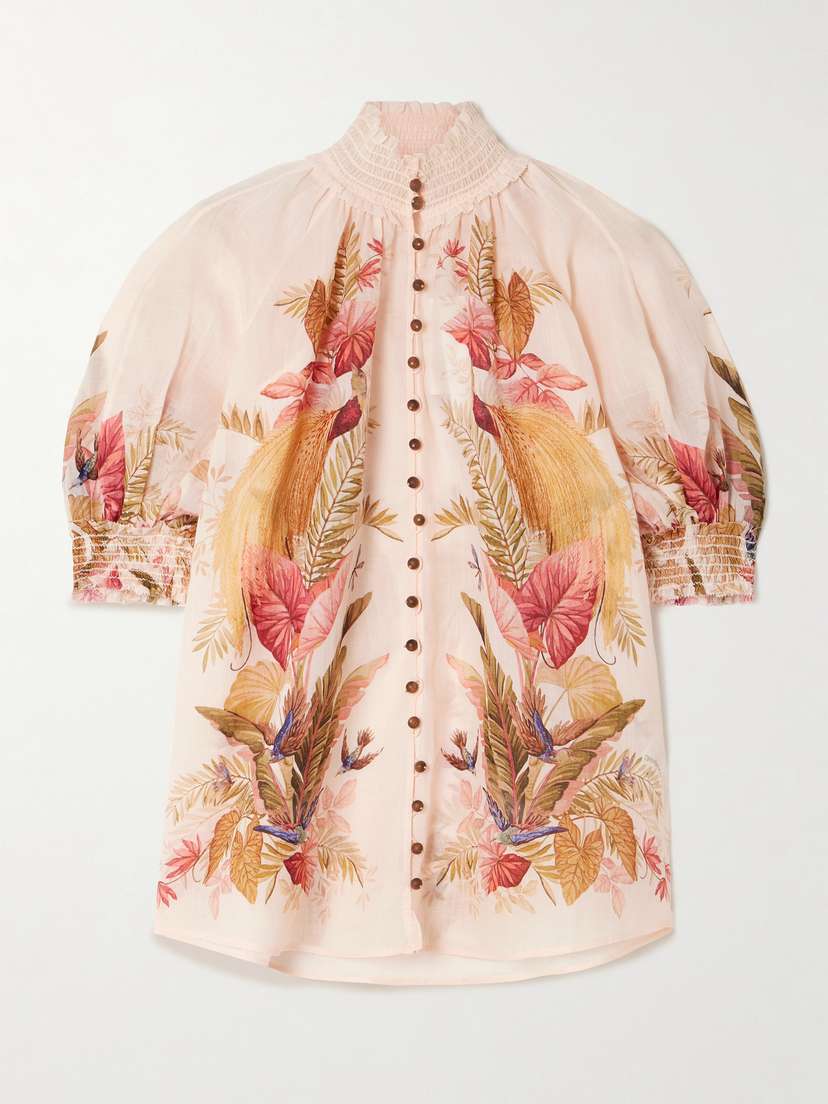 Zimmermann Ascension Embellished Shirred Floral-print Ramie Blouse