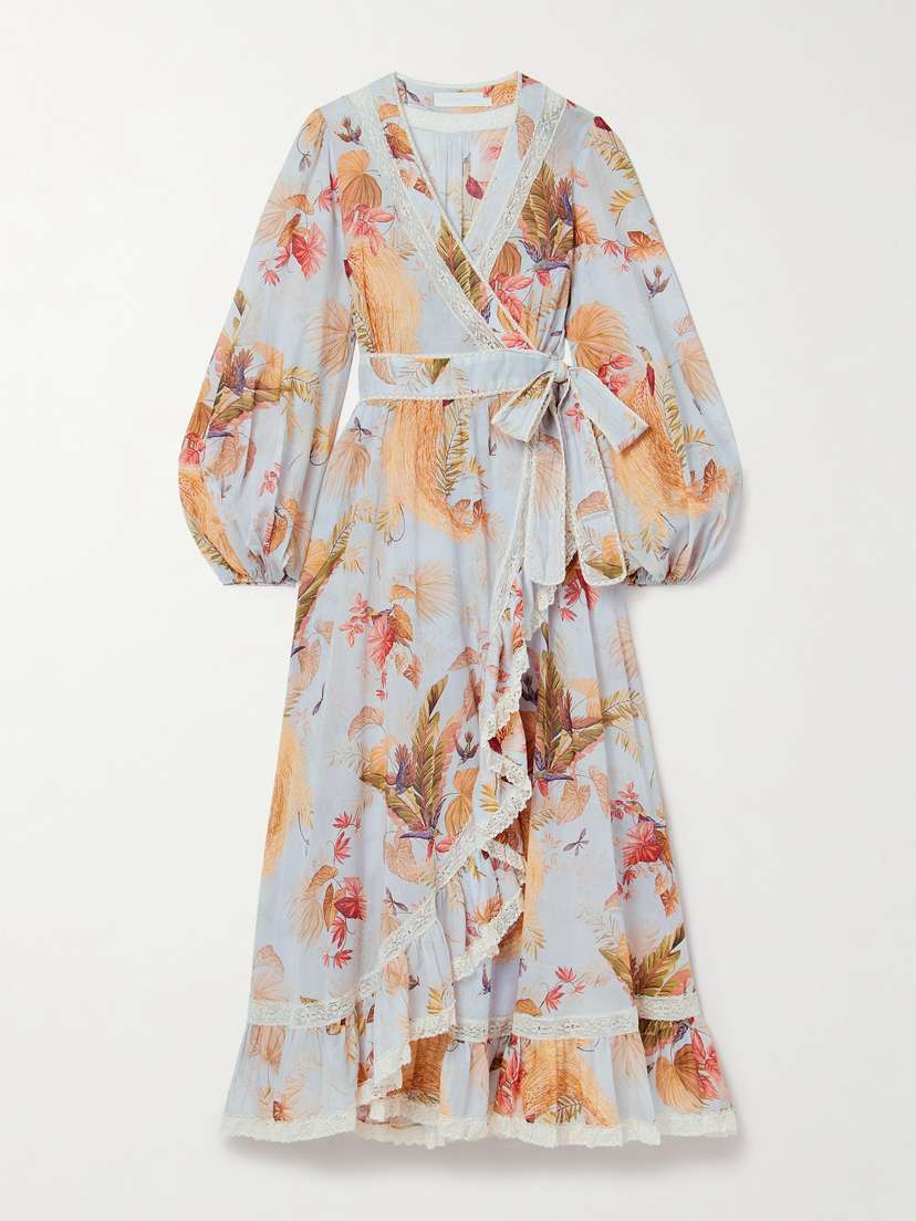 Zimmermann Ascension Lace-trimmed Tiered Printed Cotton-voile Midi Wrap Dress