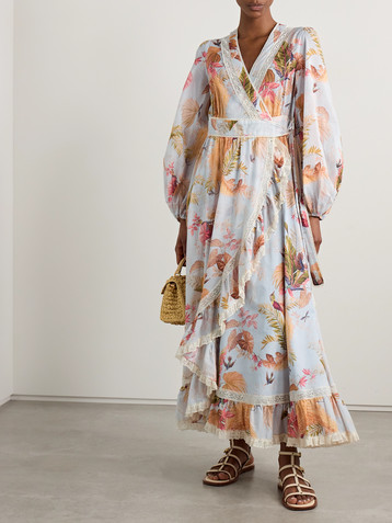 Zimmermann Ascension lace-trimmed tiered printed cotton-voile midi wrap dress