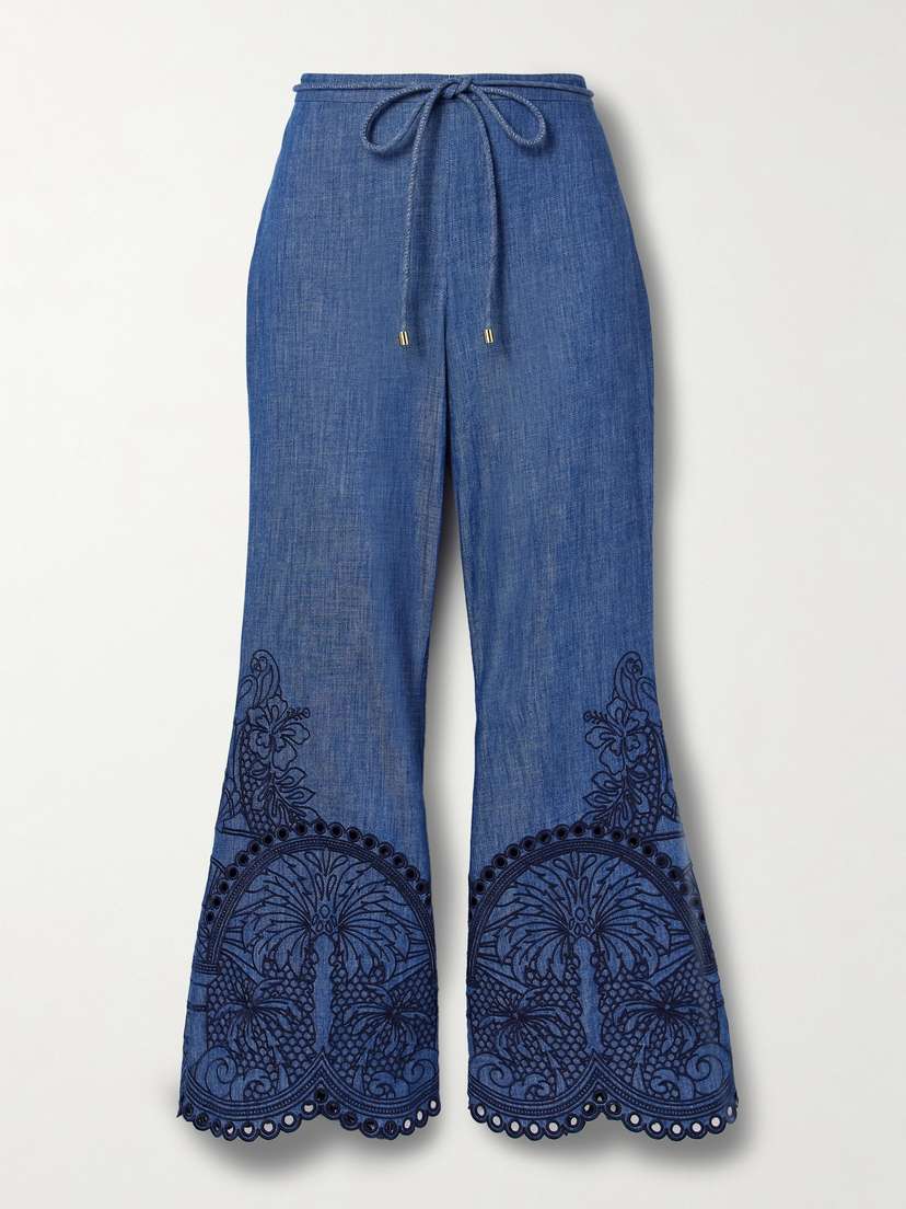 Zimmermann Coco Belted Embroidered Cotton-chambray Flared Pants