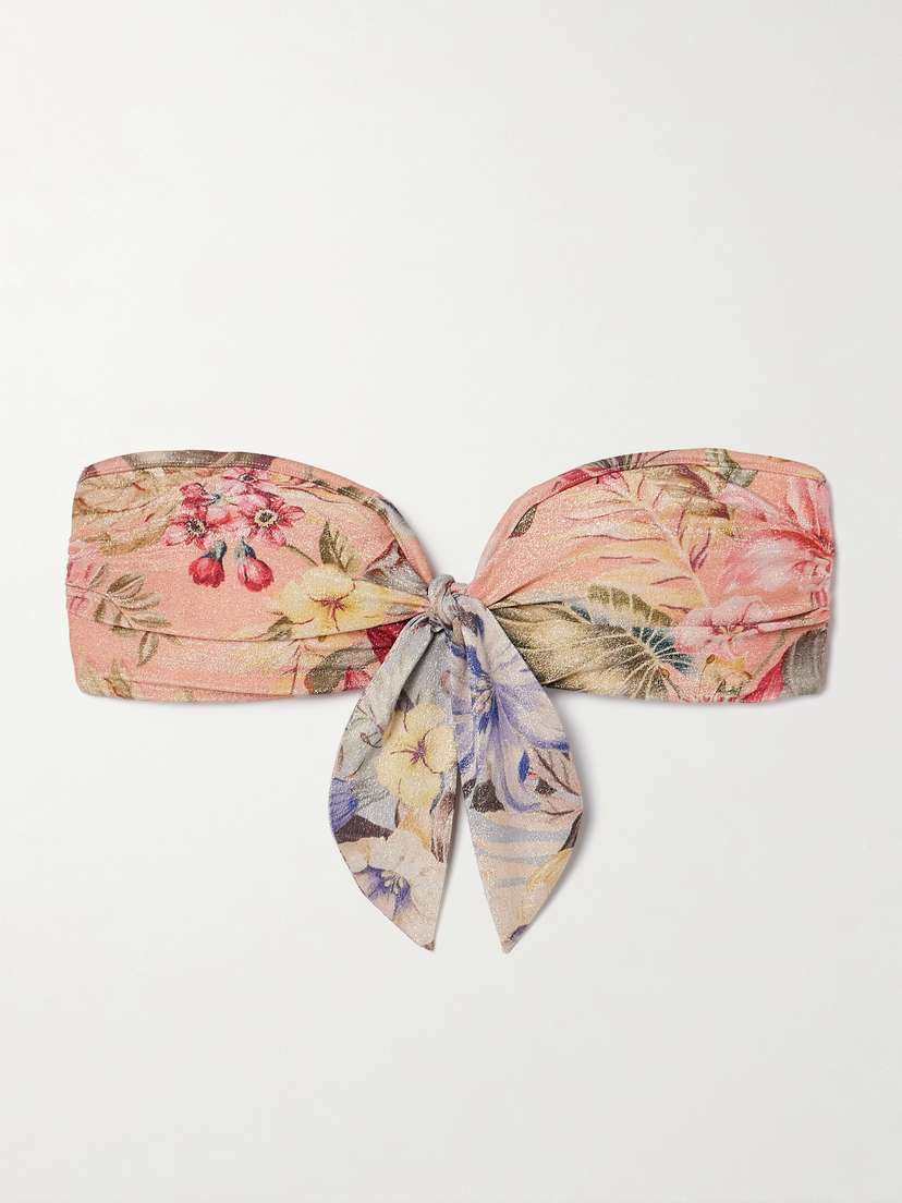 Zimmermann Coco Tie-detailed Floral-print Metallic Bandeau Bikini Top