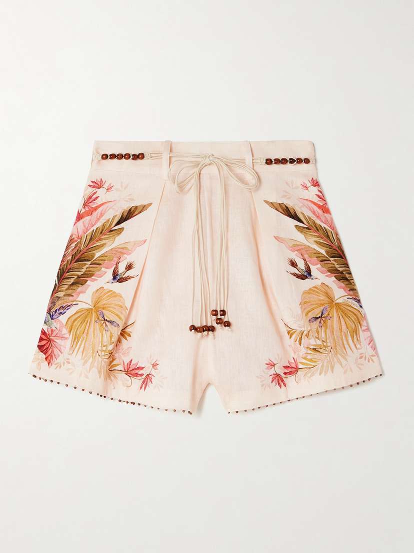 Zimmermann Ascension Belted Bead-embellished Floral-print Linen Shorts