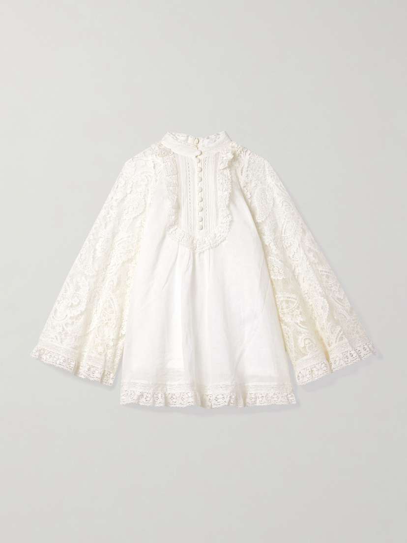 Zimmermann Ascension Lace And Crochet-trimmed Pintucked Ramie Blouse