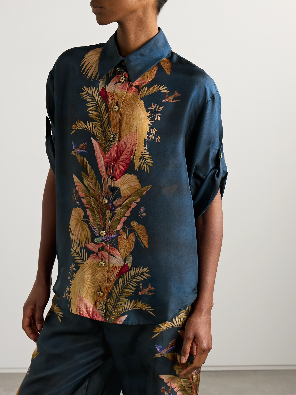 Zimmermann Womens Dark Blue Palm Floral Ascension Relaxed-fit Silk Shirt Xs In Multi