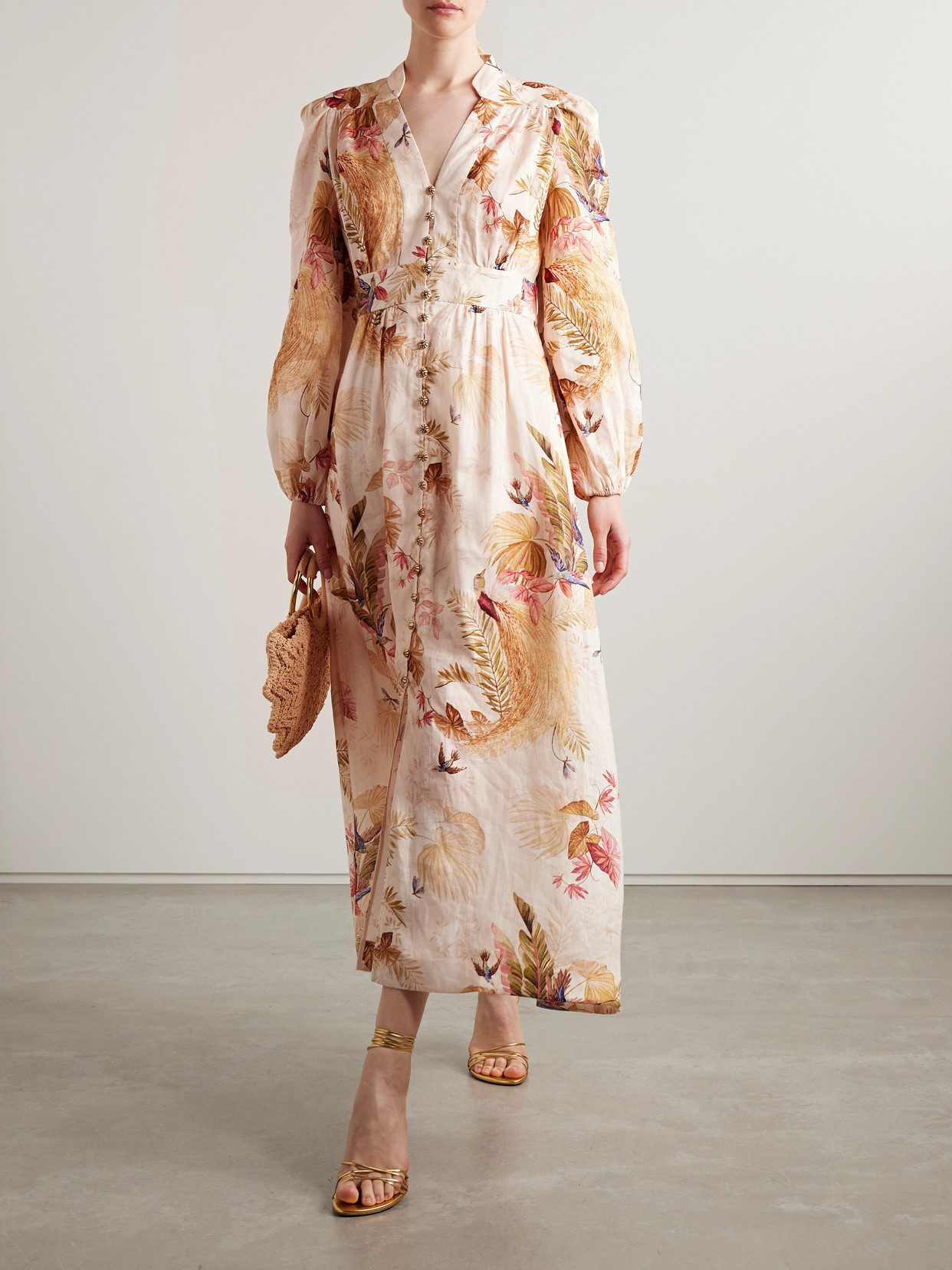 Zimmermann Womens Cream Palm Floral Ascension Plunge Linen Midi Dress In Neutral