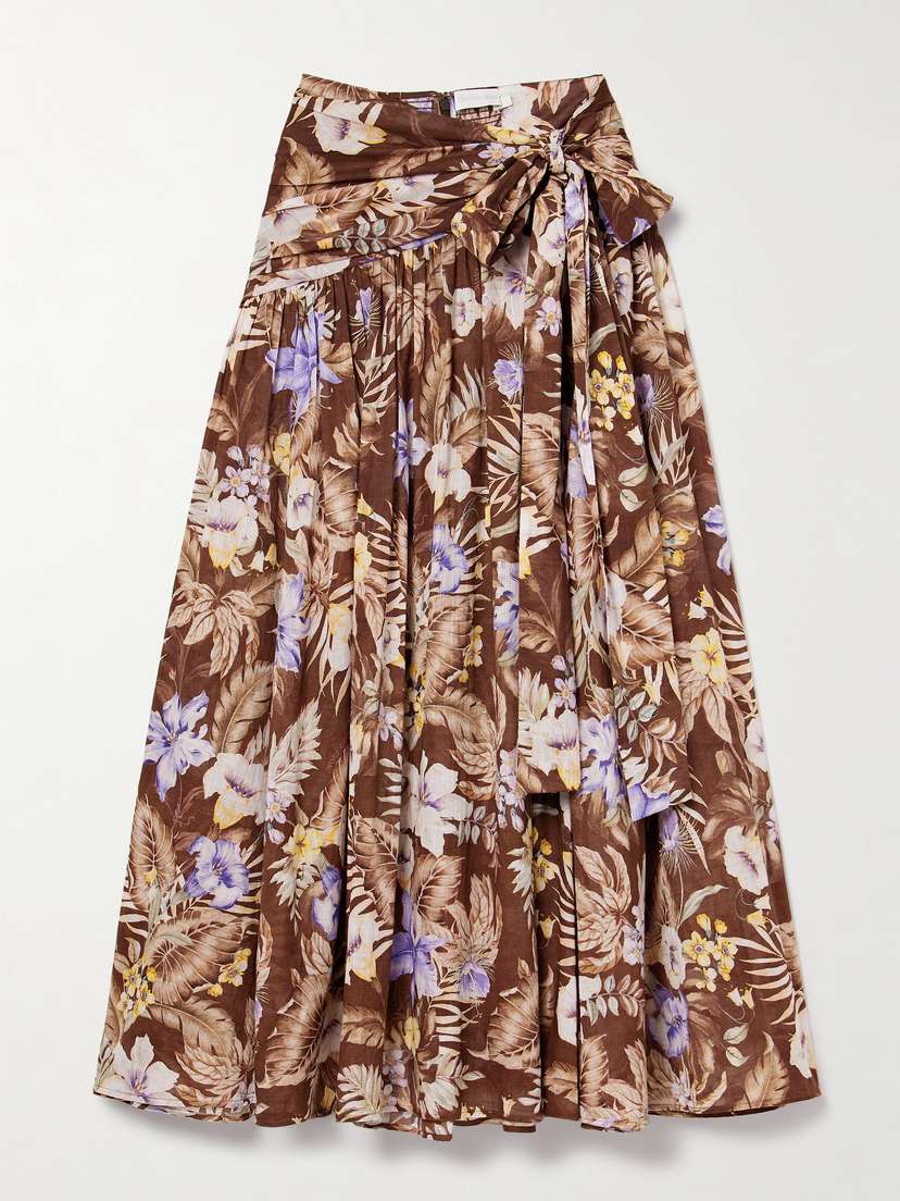 Zimmermann Coco Belted Pleated Floral-print Cotton-voile Maxi Skirt