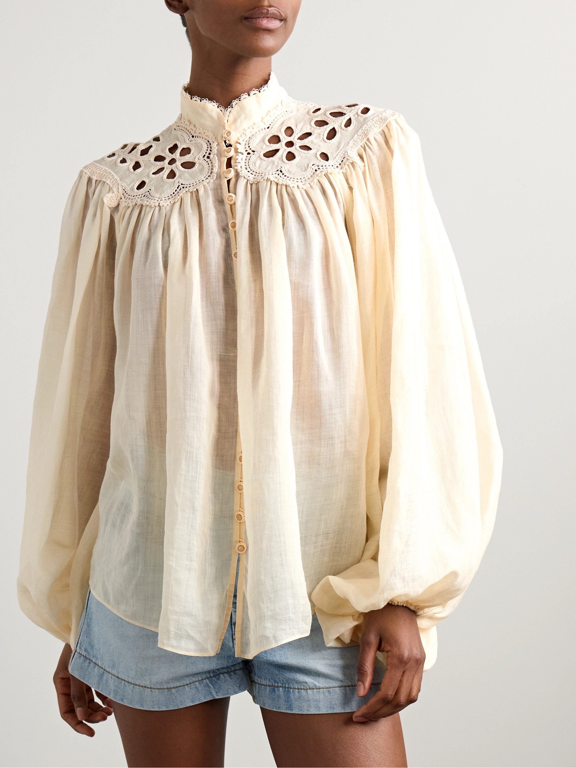 Zimmermann Coco broderie anglaise-trimmed ramie blouse