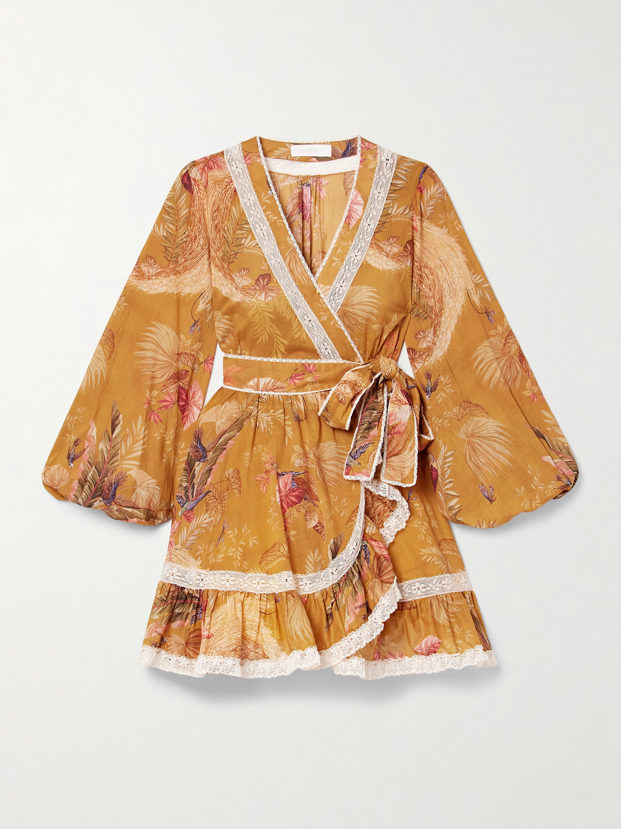Zimmermann Ascension Lace-trimmed Tiered Printed Cotton-voile Mini Wrap Dress