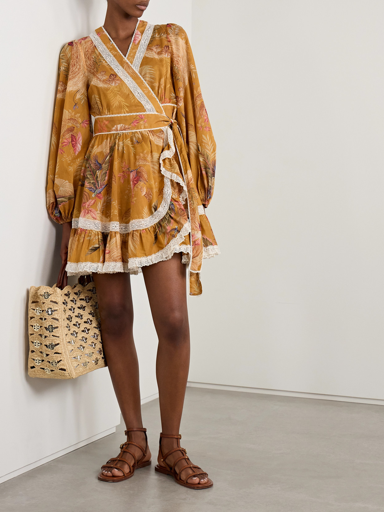 Zimmermann Ascension Lace-trimmed Tiered Printed Cotton-voile Mini Wrap Dress