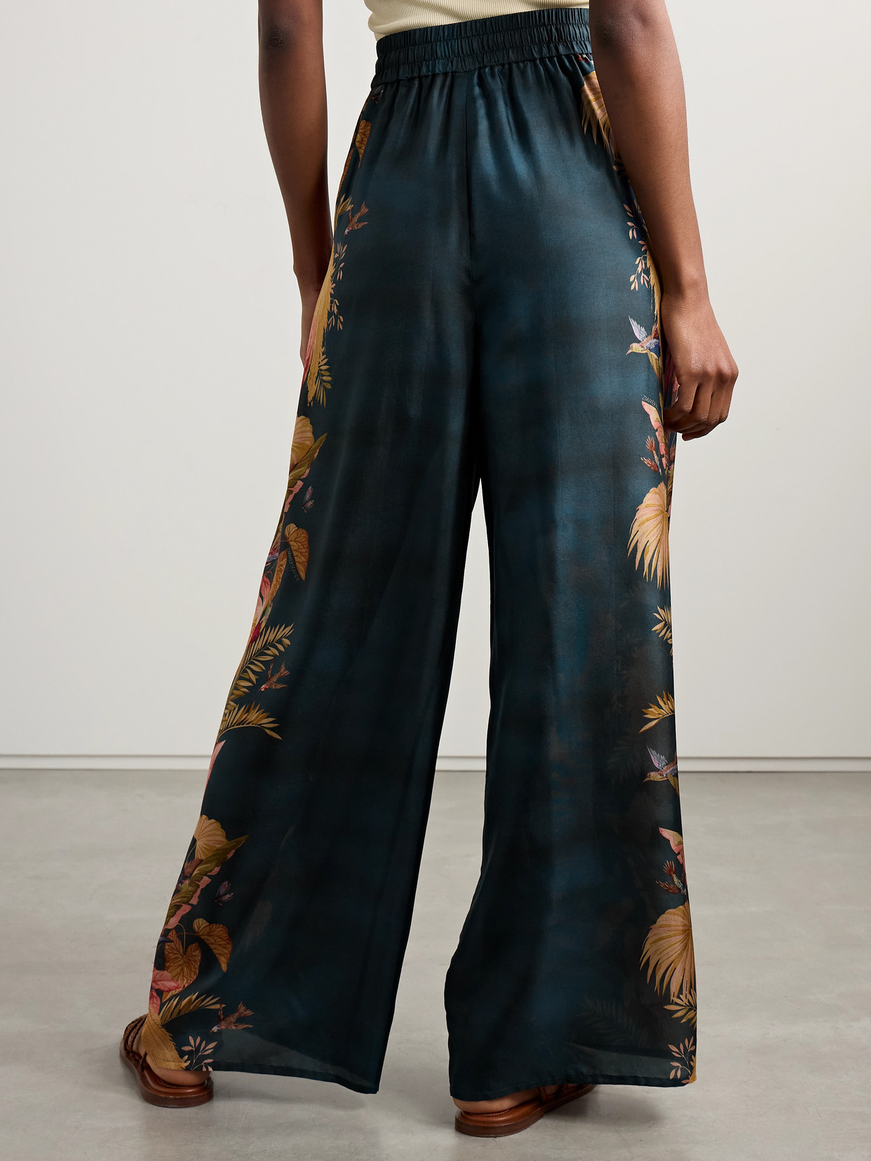 Zimmermann Womens Dark Blue Palm Floral Ascension Relaxed-fit Silk Trousers